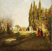 Albert Hertel In the gardens of Castel Gandolfo oil on canvas